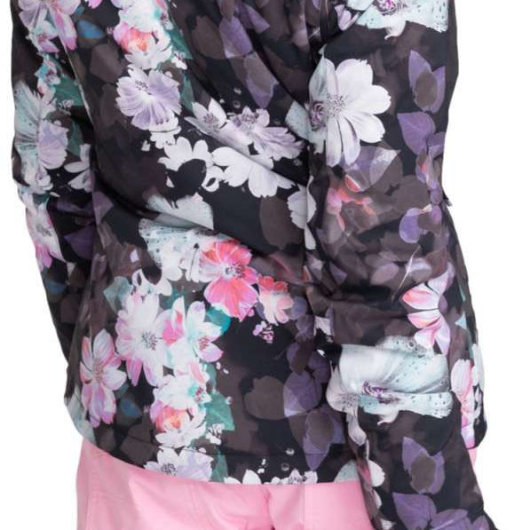Roxy Women's Jet Ski Insulated Jacket - A black jacket with a floral pattern of white, pink and purple flowers.