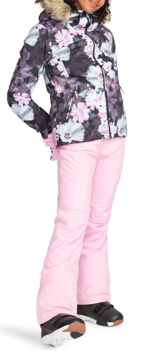 Roxy Women's Jet Ski Insulated Jacket - A black jacket with a white floral pattern and pink accents, featuring a fur-lined hood.
