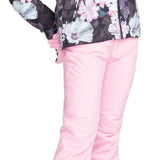 Roxy Women's Jet Ski Insulated Jacket - A black jacket with a white floral pattern and pink accents, featuring a fur-lined hood.