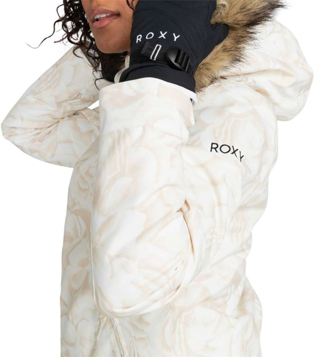 Roxy Women's Jet Ski Insulated Jacket - A cream-colored jacket with a subtle floral pattern and a fur-lined hood.