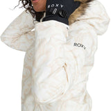 Roxy Women's Jet Ski Insulated Jacket - A cream-colored jacket with a subtle floral pattern and a fur-lined hood.