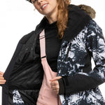 Roxy Women's Jet Ski Premium Jacket 2023 - A black and white abstract floral patterned jacket with a fur-lined hood.