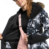 Roxy Women's Jet Ski Premium Jacket 2023 - A black and white abstract floral patterned jacket with a fur-lined hood.