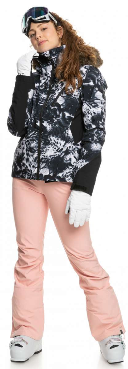 Roxy Women's Jet Ski Premium Jacket 2023 - A black and white floral patterned jacket with a fur-lined hood.