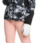 Roxy Women's Jet Ski Premium Jacket 2023 - A black and white floral patterned jacket with a fur-lined hood.