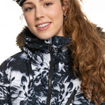 Roxy Women's Jet Ski Premium Jacket 2023 - A black and white snowboard jacket with a floral pattern, featuring a fur-lined hood.