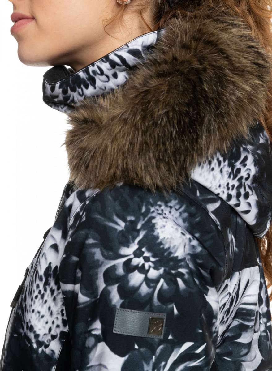 Roxy Women's Jet Ski Premium Jacket 2023 - A black and white floral patterned jacket with a fur-lined hood.