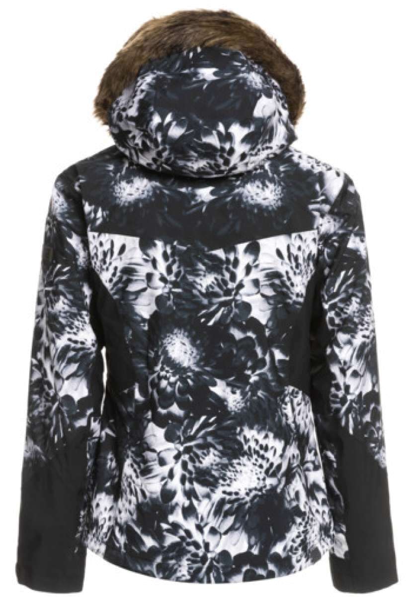 Roxy Women's Jet Ski Premium Jacket 2023 - A black and white floral patterned jacket with a brown faux fur-lined hood.