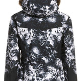 Roxy Women's Jet Ski Premium Jacket 2023 - A black and white floral patterned jacket with a brown faux fur-lined hood.