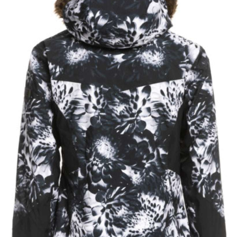 Roxy Women's Jet Ski Premium Jacket 2023 - A black and white floral patterned jacket with a brown faux fur-lined hood.