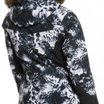 Roxy Women's Jet Ski Premium Jacket 2023 - A black and white floral patterned jacket with a fur-lined hood.