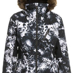 Roxy Women's Jet Ski Premium Jacket 2023 - A black and white floral patterned jacket with a brown faux fur-lined hood.
