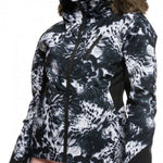 Roxy Women's Jet Ski Premium Jacket 2023 - A black and white floral patterned jacket with a fur-lined hood.