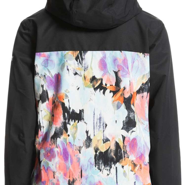 Roxy Women's Jetty 3 In 1 Jacket 2023 - A black jacket with a white, pink, and orange abstract floral pattern on the back.