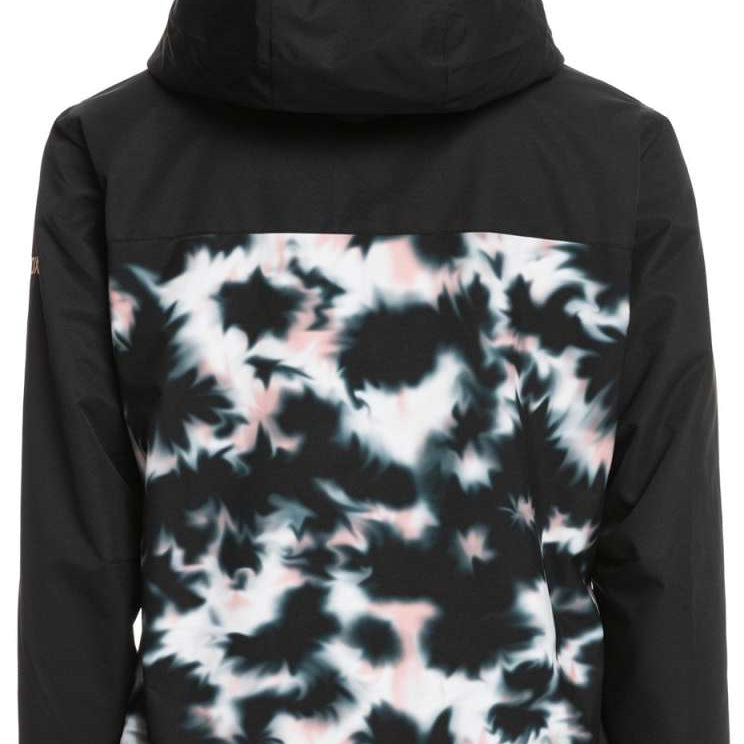 Roxy Women's Jetty 3 In 1 Jacket 2023 - A black jacket with a white and pink abstract pattern on the back, featuring a hood.