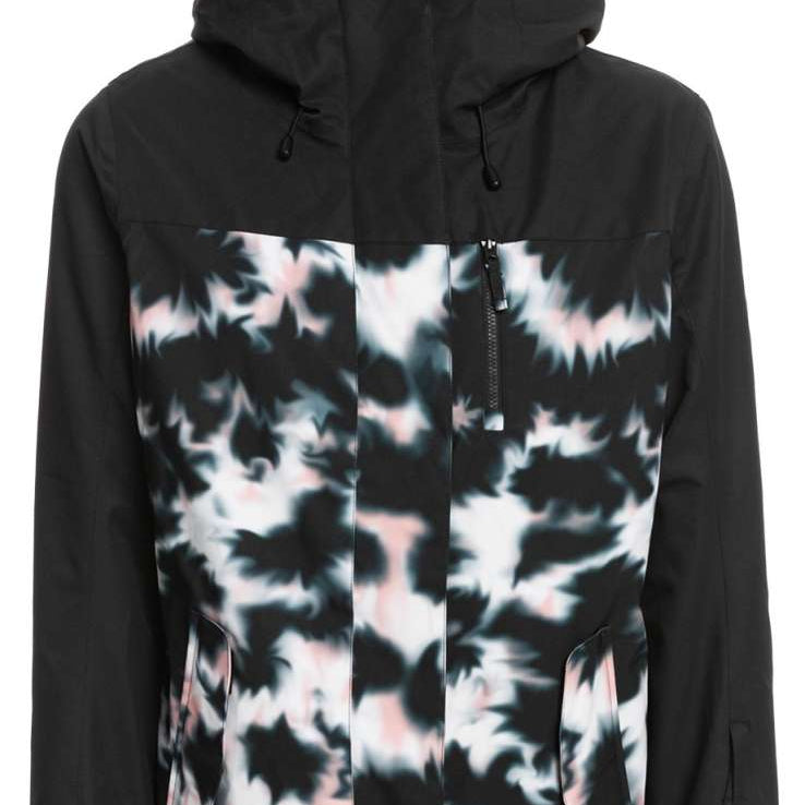 Roxy Women's Jetty 3 In 1 Jacket 2023 - A black jacket with a white and pink abstract pattern on the front, featuring a hood and zip closure.