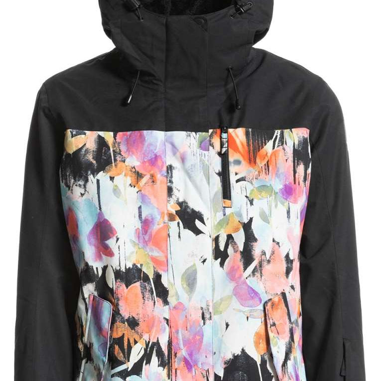 Roxy Women's Jetty 3 In 1 Jacket 2023 - A black jacket with a white, pink, and orange abstract floral pattern on the front.