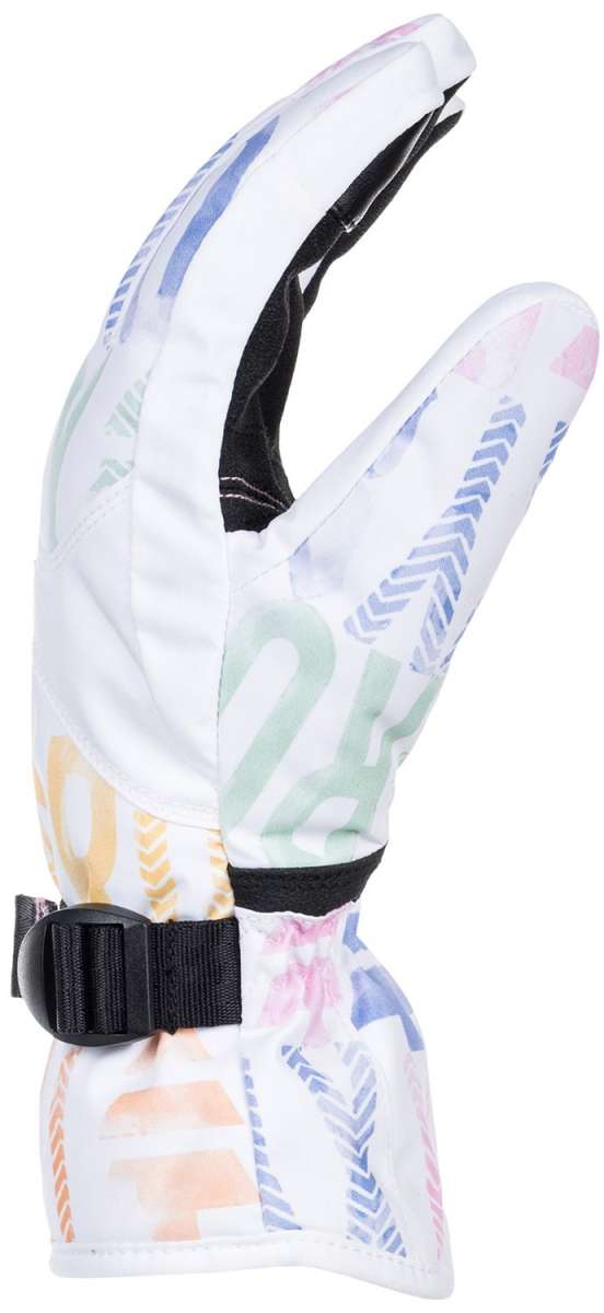 Roxy Women's Jetty Gloves 2024 - White gloves with a blue and pink geometric pattern on the back of one hand.