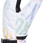 Roxy Women's Jetty Gloves 2024 - White gloves with a blue and pink geometric pattern on the back of one hand.