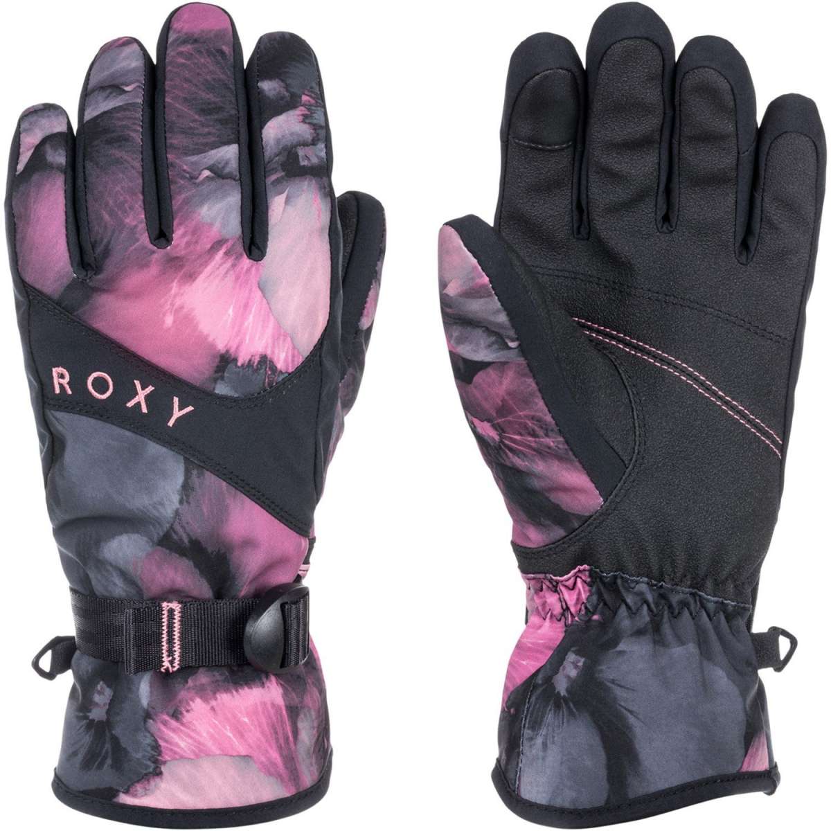 Roxy Women's Jetty Gloves 2024 - A pair of gloves with a pink and gray abstract design, featuring a black strap across the wrist area.