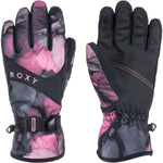 Roxy Women's Jetty Gloves 2024 - A pair of gloves with a pink and gray abstract design, featuring a black strap across the wrist area.