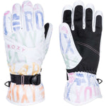 Roxy Women's Jetty Gloves 2024 - White gloves with a repeating pattern of pastel-colored arrows in blue, green, pink and yellow.