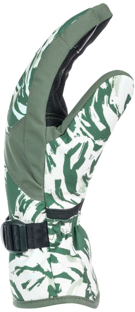 Roxy Women's Jetty Gloves 2024 - A pair of gloves with a green and white abstract pattern on a light gray background.