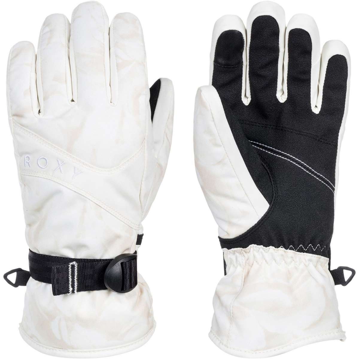 Roxy Women's Jetty Gloves 2024 - A pair of white gloves with a black strap and buckle on the wrist.