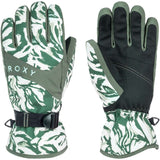 Roxy Women's Jetty Gloves 2024 - A pair of green and white gloves with a leaf pattern, featuring a black strap on the wrist.