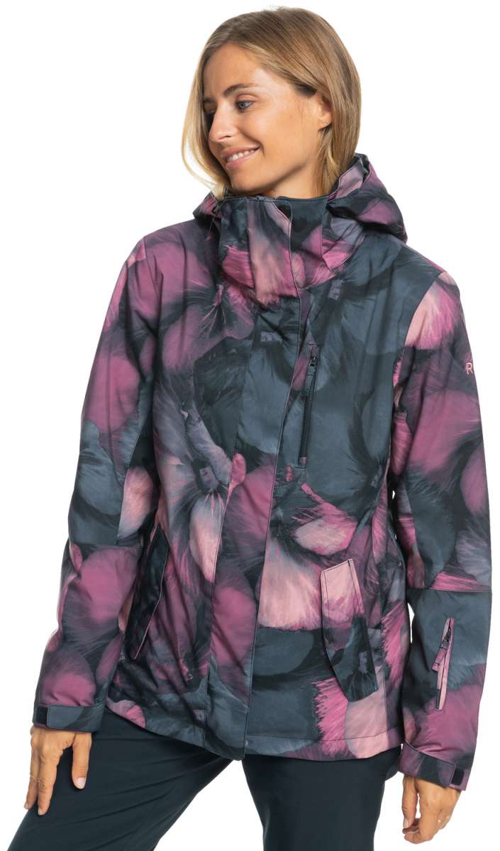 Roxy Women's Jetty Insulated Jacket - A black jacket with a subtle, abstract floral pattern in shades of pink and purple.