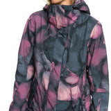 Roxy Women's Jetty Insulated Jacket - A black jacket with a subtle, abstract floral pattern in shades of pink and purple.