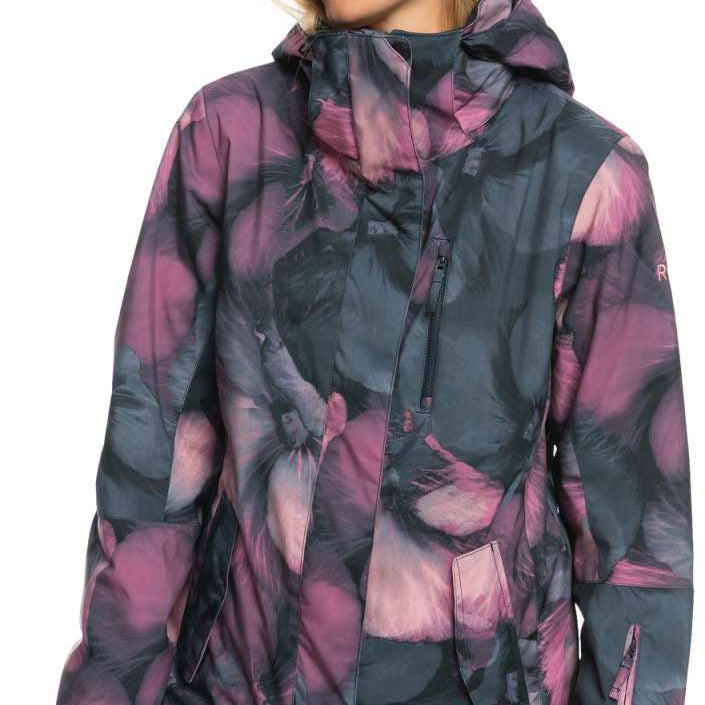 Roxy Women's Jetty Insulated Jacket - A black jacket with a subtle, abstract floral pattern in shades of pink and purple.