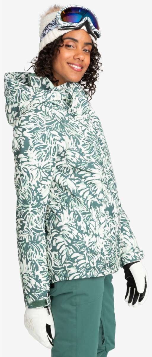 Roxy Women's Jetty Insulated Jacket - A white jacket with a green palm leaf pattern and a fur-lined hood.