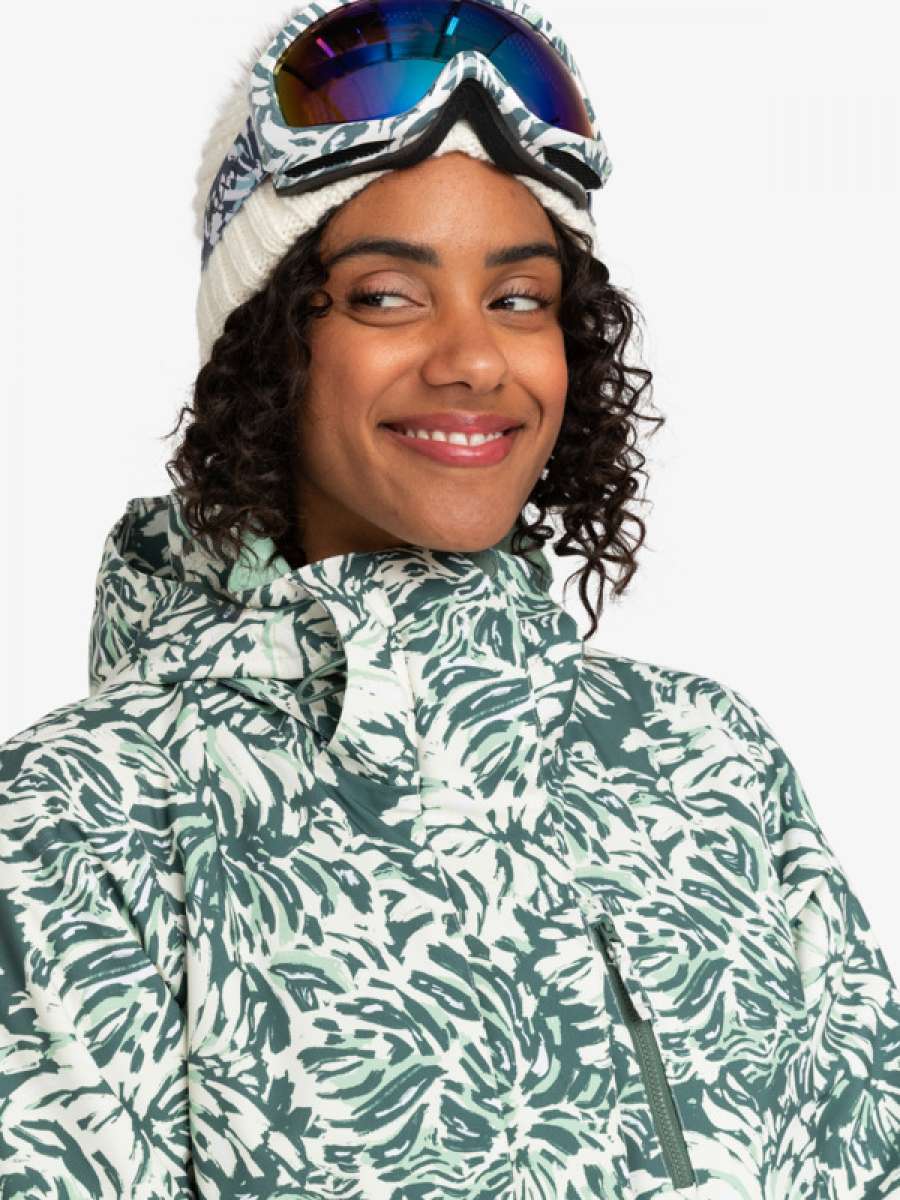 Roxy Women's Jetty Insulated Jacket - A white jacket with a green abstract floral pattern and a hood, featuring a zipper closure.