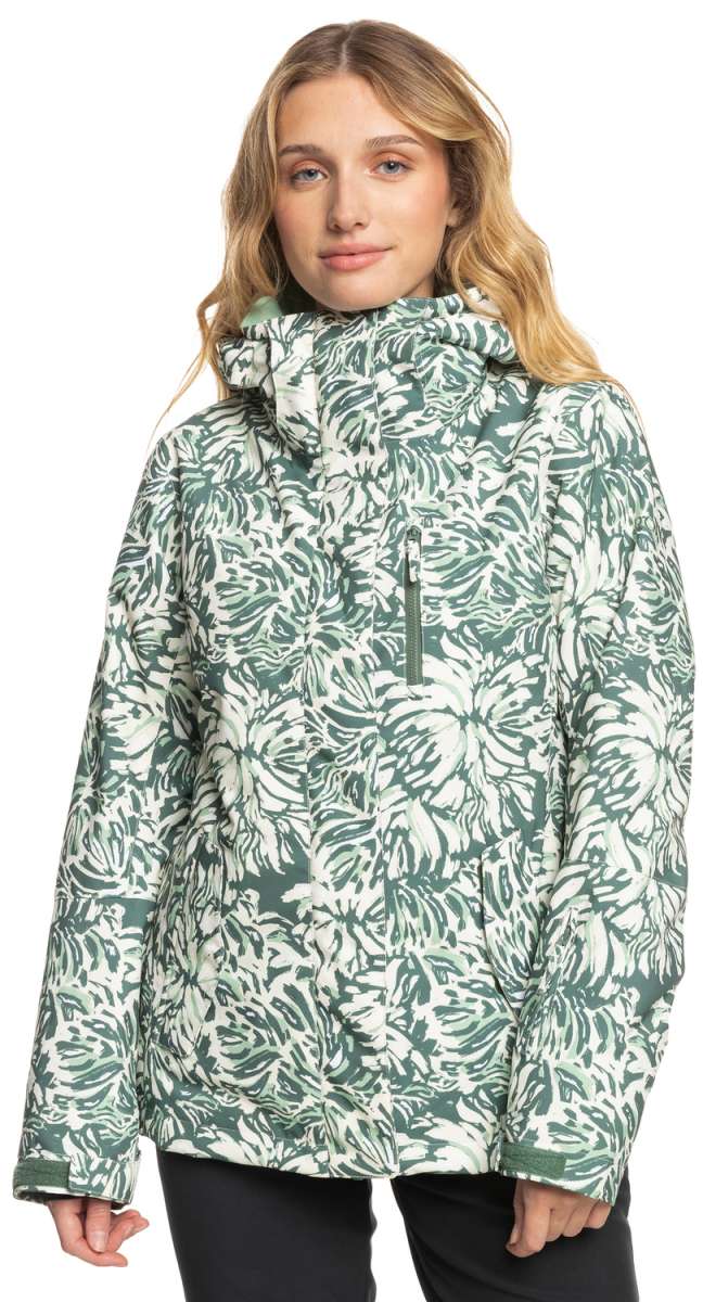 Roxy Women's Jetty Insulated Jacket - A green and white abstract floral patterned jacket with a high collar, zippered front, and two side pockets.