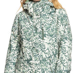 Roxy Women's Jetty Insulated Jacket - A green and white abstract floral patterned jacket with a high collar, zippered front, and two side pockets.