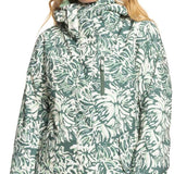 Roxy Women's Jetty Insulated Jacket - A green and white abstract floral patterned jacket with a high collar, zippered front, and two side pockets.