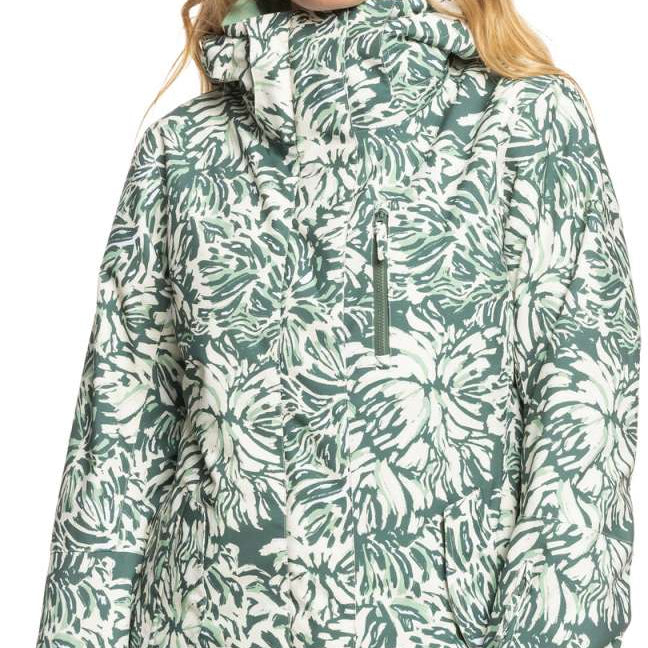 Roxy Women's Jetty Insulated Jacket - A green and white abstract floral patterned jacket with a high collar, zippered front, and two side pockets.