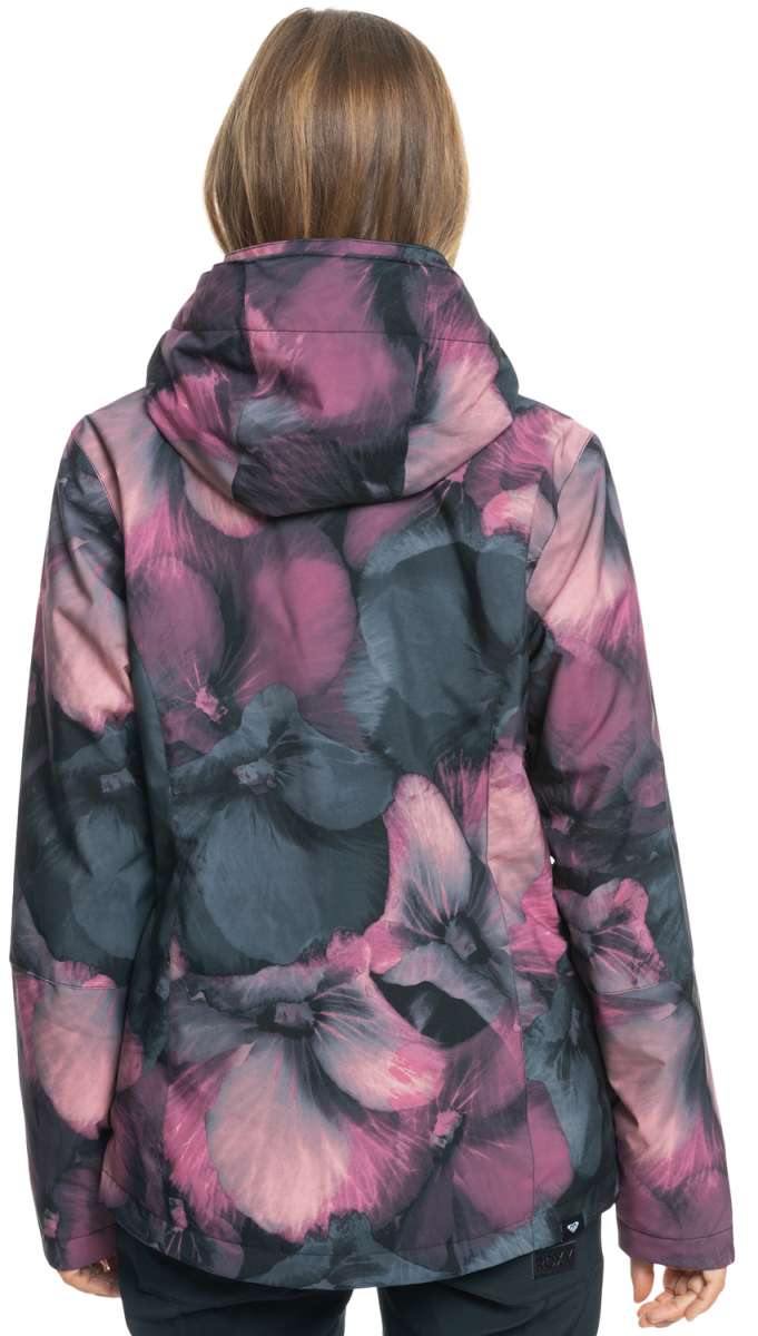 Roxy Women's Jetty Insulated Jacket 2024 - A black jacket with a large, abstract floral pattern in shades of pink and purple.