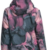Roxy Women's Jetty Insulated Jacket 2024 - A black jacket with a large, abstract floral pattern in shades of pink and purple.