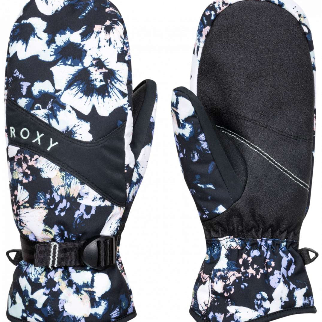 Roxy Women's Jetty Mitten 2023 - A black mitten with a white floral pattern and pink accents.