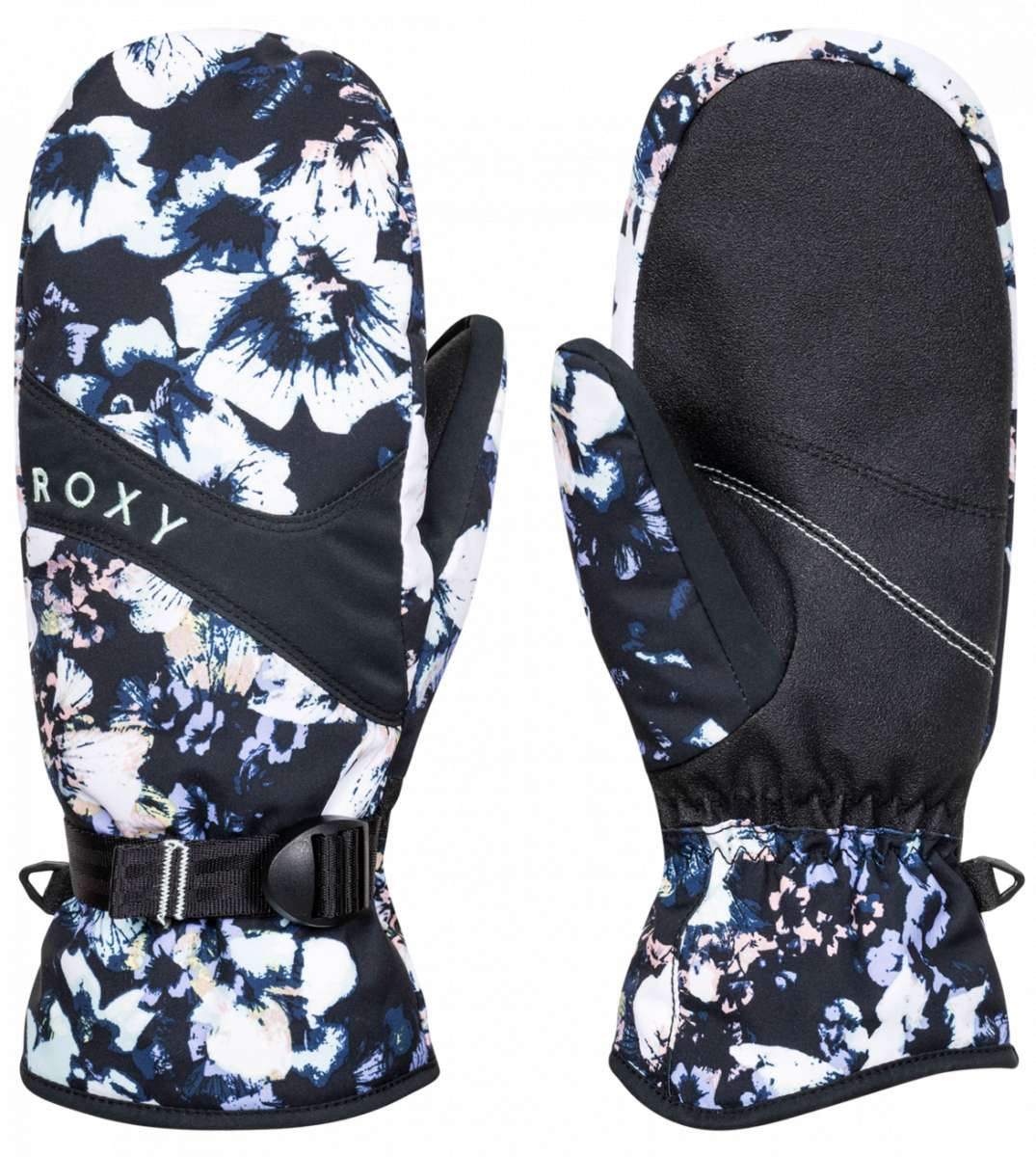 Roxy Women's Jetty Mitten 2023 - A black mitten with a white floral pattern and pink accents.