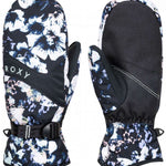 Roxy Women's Jetty Mitten 2023 - A black mitten with a white floral pattern and pink accents.