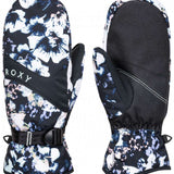 Roxy Women's Jetty Mitten 2023 - A black mitten with a white floral pattern and pink accents.