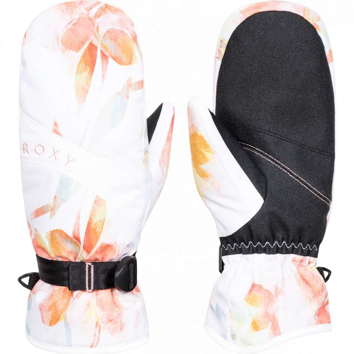 Roxy Women's Jetty Mitten 2023 - A pair of mittens with a white base and orange, yellow, and blue watercolor-style floral pattern on top.