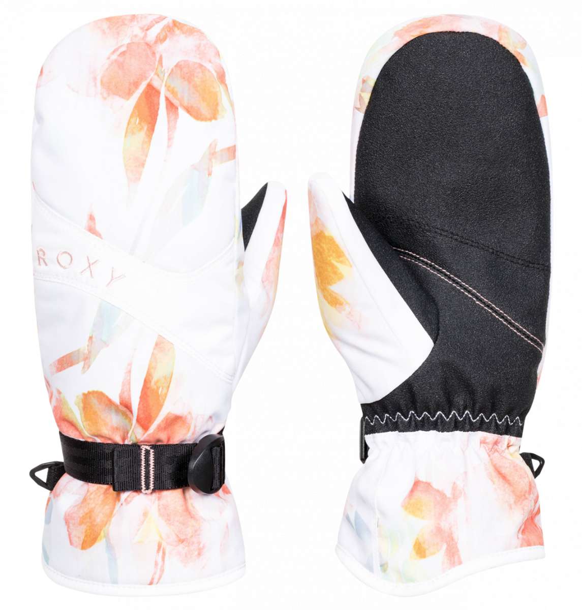 Roxy Women's Jetty Mitten 2023 - A pair of mittens with a white base and orange, yellow, and blue watercolor-style floral pattern on top.
