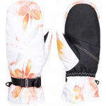 Roxy Women's Jetty Mitten 2023 - A pair of mittens with a white base and orange, yellow, and blue watercolor-style floral pattern on top.