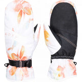 Roxy Women's Jetty Mitten 2023 - A pair of mittens with a white base and orange, yellow, and blue watercolor-style floral pattern on top.