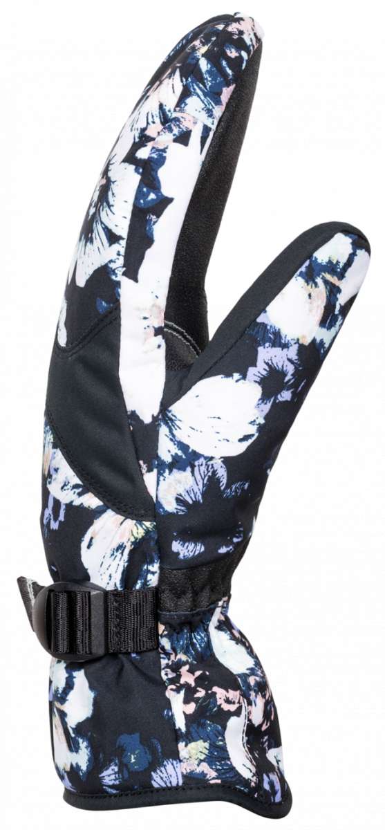 Roxy Women's Jetty Mitten 2023 - A black mitten with a white and blue abstract floral pattern.