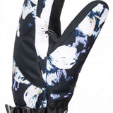 Roxy Women's Jetty Mitten 2023 - A black mitten with a white and blue abstract floral pattern.